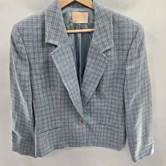 Vintage Pendleton Light Blue Plaid 100% Virgin Wool Jacket Blazer Size 10 - Picture 1 of 14